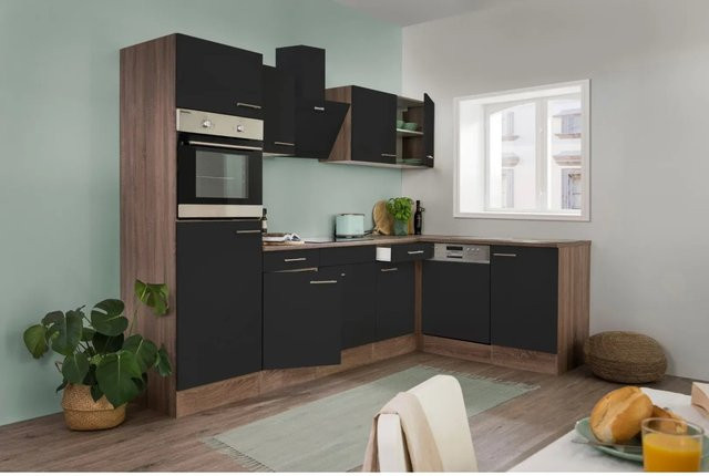 Respekta Winkelküche modern in Schwarz Seidenglanz und Eiche-York mit 280 cm Breite - Bild 1