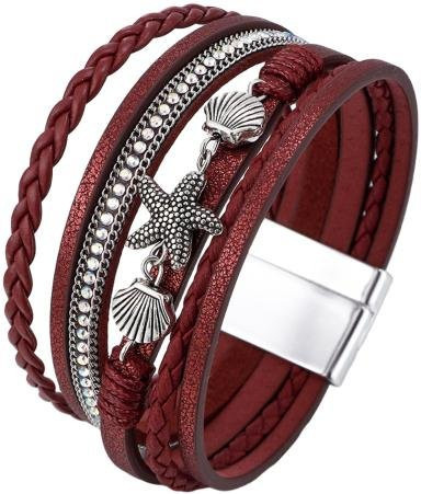 Armband shenhuangwang, geflochtenes Kunstlederseil, Seestern, Muschel, rot, Damen - Bild 1