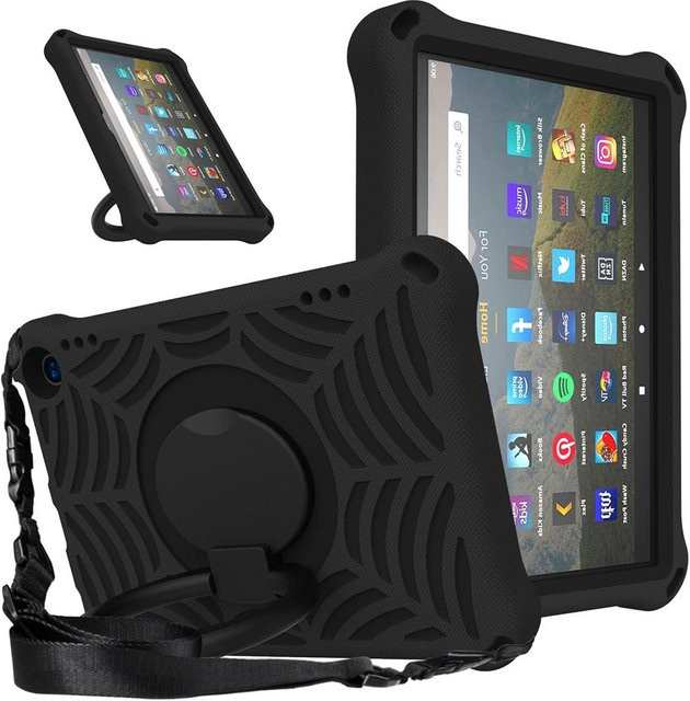 Ubasy Stoßfeste EVA Kindersichere Hülle für Amazon Fire HD 8 Plus 10. und 12. Generation mit Zugring und Schultergurt, Schwarz - Bild 1