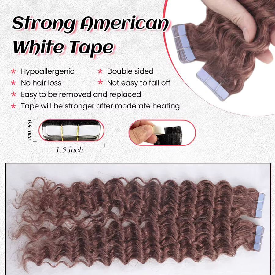 GAEINO Deep Wave Tape Haarverlängerung, 100 % Echthaar, braun, Damen - Bild 5