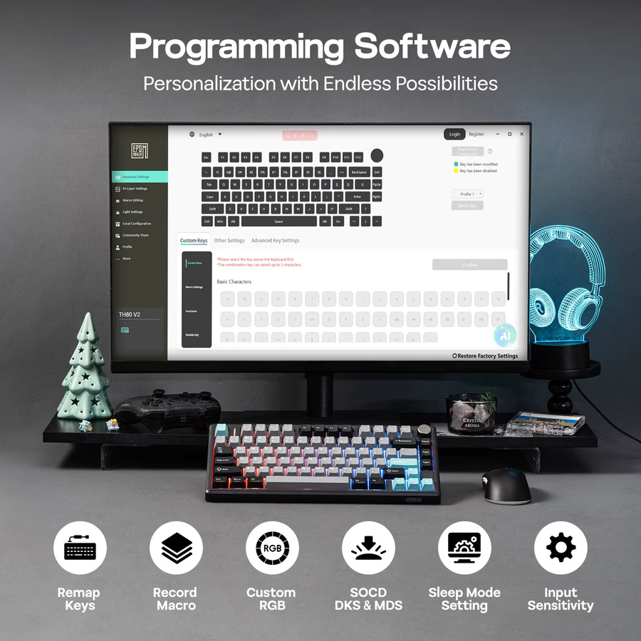 EPOMAKER TH80 V2 Mechanische Gaming-Tastatur 75% ANSI US Layout mit Drehregler und programmierbaren Tasten, Weiß, Kabellos via Bluetooth/2,4GHz oder Kabelgebunden - Bild 3
