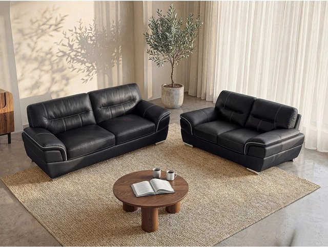 Couchgarnitur Thibault von Vente-unique in Schwarz aus Rindsleder und Kunstleder, B/T/H: 210 x 168 cm - Bild 1