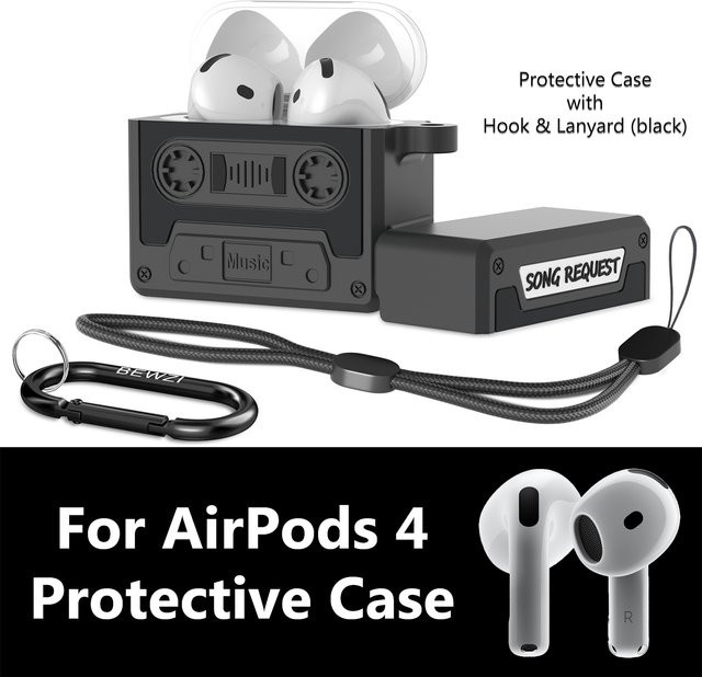 Schutzhülle für Apple AirPods 4 mit Trageband und Haken, 3D-Design, stoßfeste Anti-Fall-Box in Schwarz oder Beige - Bild 1