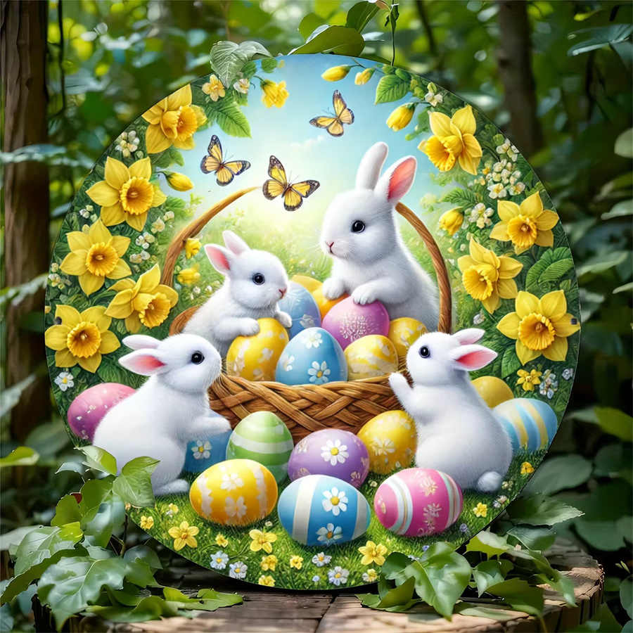 HELLOYOUNG Osterhasen Wandkunst aus Metall, rundes 2D-Dekorschild mit floralem Motiv in Mehrfarbig, Durchmesser: 20 cm - Bild 4
