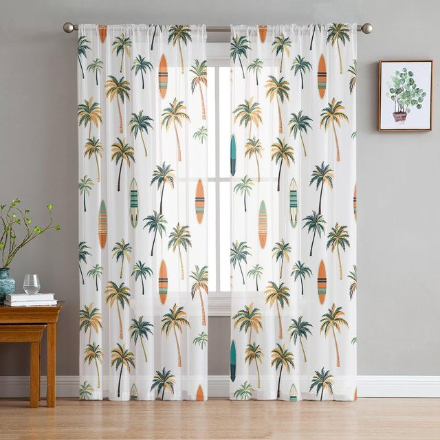 Transparente Tüll-Voile-Organza-Vorhänge mit Palmen- und Surfbrett-Motiv von Household supplies MH in Weiß, Breite: 135 cm, Höhe: 115 cm - Bild 1