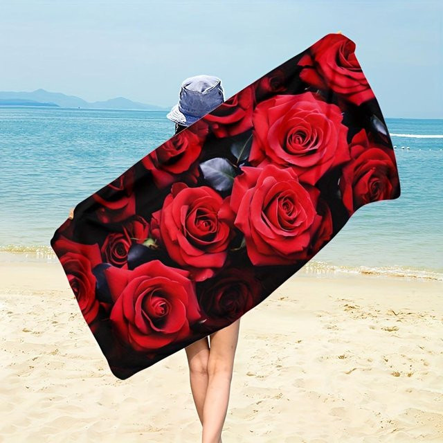 Strandtuch mit Roter Rose in Rot und Weiß, Mikrofaser schnelltrocknend und saugfähig, B: 30 cm, H: 60 cm - Bild 1
