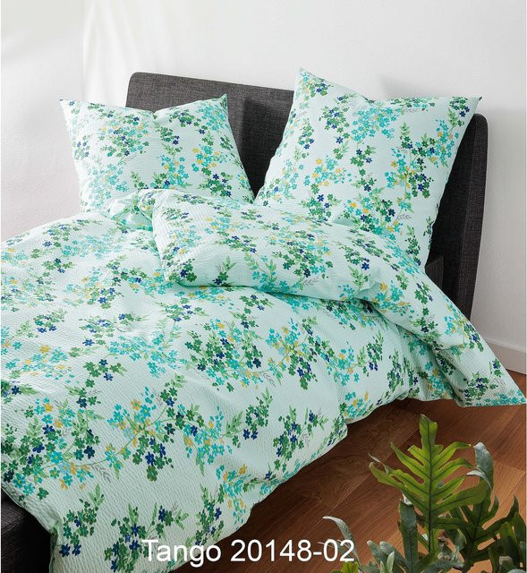 Janine Bettwäsche Tango aus Baumwolle in Blau mit floralem Seersucker-Design - Bild 1