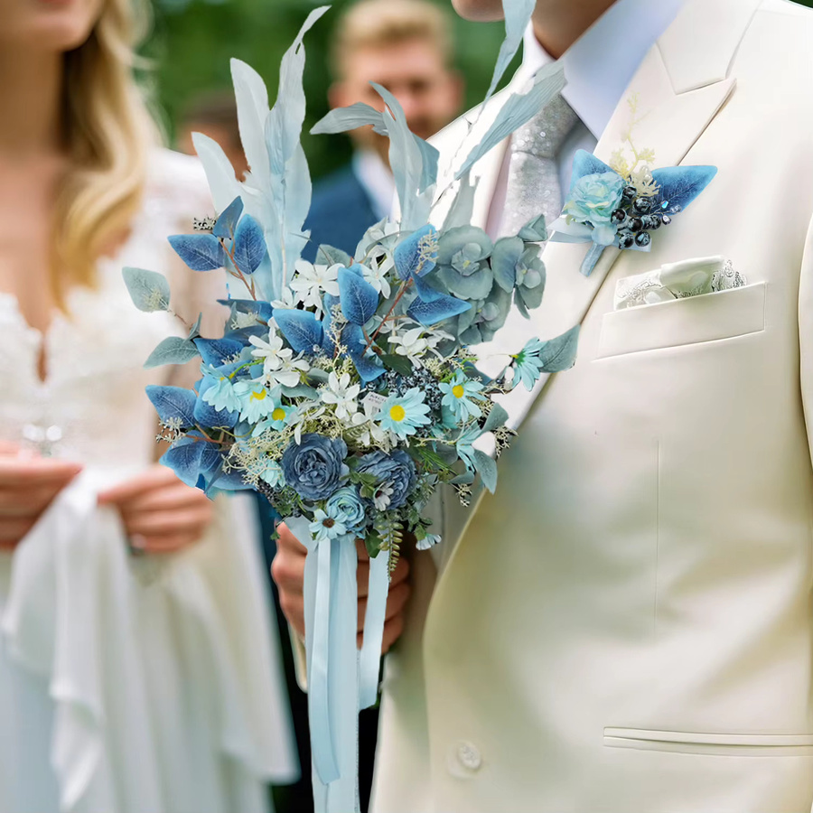 Uflower Blaue Boutonniere aus Textil für Bräutigam und Trauzeugen, Künstliche Blumen für Hochzeit und Jubiläen - Bild 3