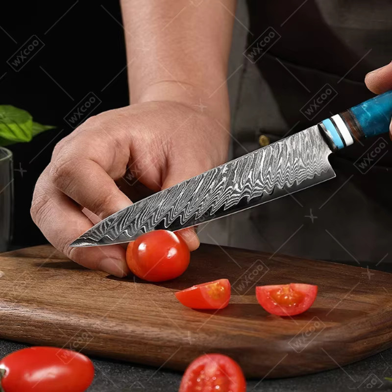 WXCOO 1-6-teiliges Damaszener Stahl Küchenmesser-Set mit blauem Harzgriff, professionelles japanisches Santoku-Messer, Obstschälmesser und Allzweckmesser - Bild 2
