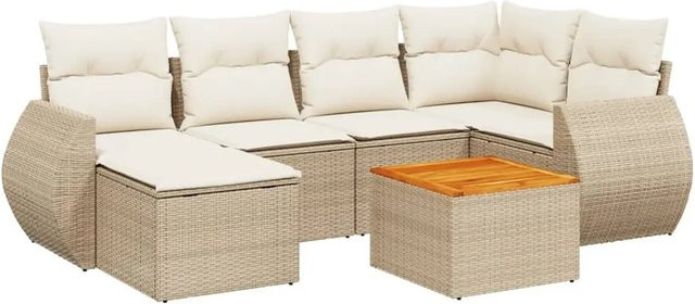 vidaXL 7-teilige Garten-Sofagarnitur in L-Form aus Poly-Rattan und Akazienholz in Beige-Creme mit UV-beständigen Kissen - Bild 1