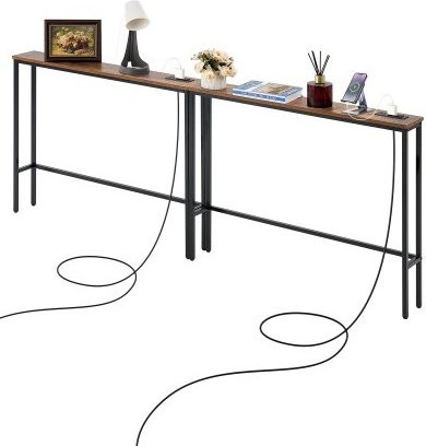 VEVOR 2er-Set Konsolentisch mit Steckdosen, schmaler Sofa-Tisch im Farmhouse-Stil für Flur, Wohnzimmer und Eingangsbereich, Farbe: Schwarz oder Braun, Material: MDF mit Melaminbeschichtung und Kohlenstoffstahl - Bild 1
