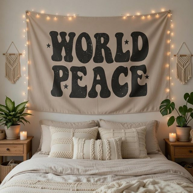 JMG Household Supplies Vintage Weltfrieden Wandteppich Beige mit schwarzer Schrift, Retro Grunge Stoff Banner, Breite: 60 cm, Höhe: 90 cm - Bild 1