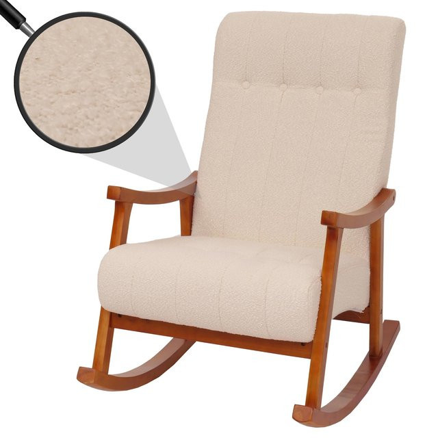 Schaukelstuhl MCW-K10 Relaxsessel mit Armlehnen aus Holz und Bouclé-Stoff in Beige und Walnuss-Optik - Bild 1