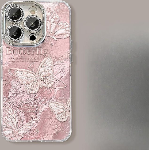 BC Electrical Appliances Handyhülle mit Schmetterlings-Ständerkette in Rosa für iPhone 15, 14 Pro, 13 und Redmi K50/K50 Pro mit Zinnfolienstruktur und Linsenfolie - Bild 1
