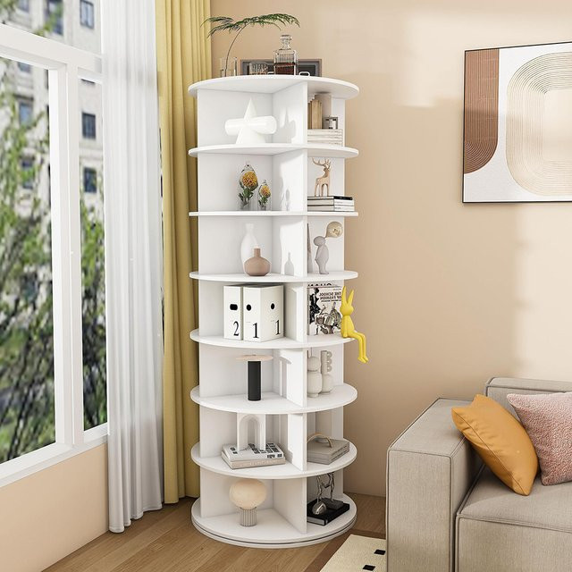 KOMHTOM 7-Etagen Drehschuhregal Tower, 360 Grad drehbar, freistehendes Schuhregal für 28 Paar Schuhe, weiß - Bild 1