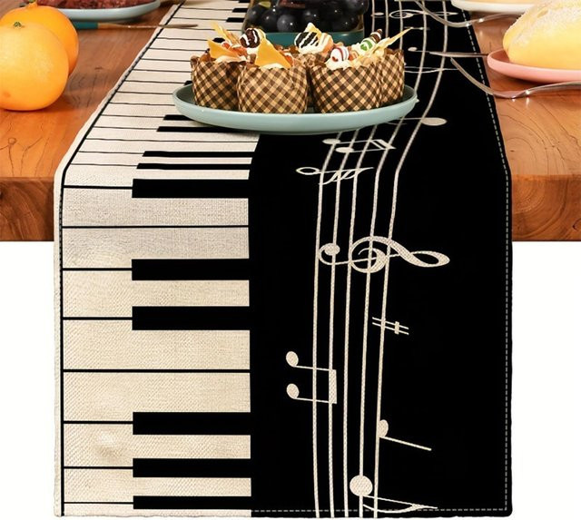 JMG Household Supplies Tischläufer aus Leinen mit Klavier-Noten-Motiv in Schwarz, B/L: 150 x 33 cm - Bild 1