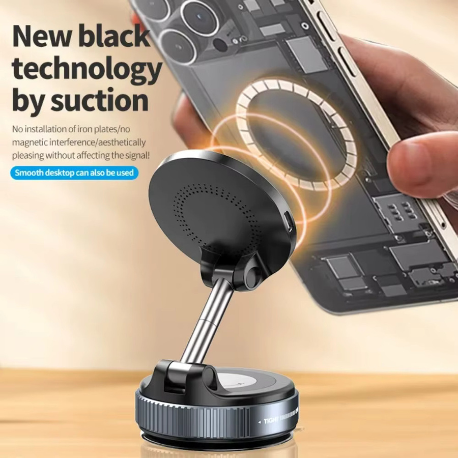 VIKEFON Magnetischer kabelloser Ladegerät-Telefonhalter für das Auto mit 360 Grad Rotations-Vakuum-Saugnapf in Schwarz für iPhone 16 15 14 13 12 Schnellladestation - Bild 3