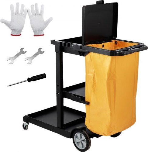 VEVOR Reinigungswagen mit 3 Fächern und PVC-Müllsack, Gelb-Schwarz, B/T/H: 120 x 51 x 98 cm - Bild 1