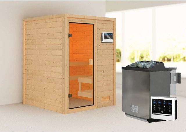 Woodfeeling Massivholzsauna Sandra in Natur mit 9 kW BioKombiofen und externem Steuergerät, B/T/H: 145 x 145 x 187 cm - Bild 1