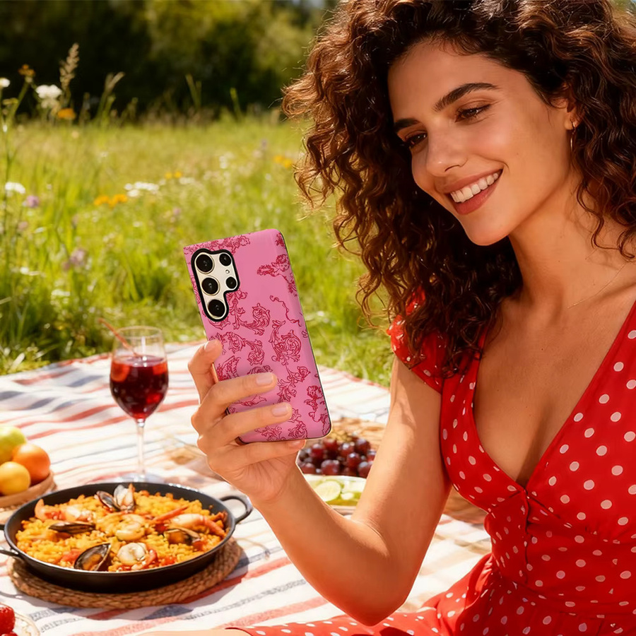 Rosa Handyhülle mit Cherub und Blumen für Samsung Galaxy S25 Ultra, S24 und S23 Ultra Plus mit glänzender doppellagiger Rückseite - Bild 5