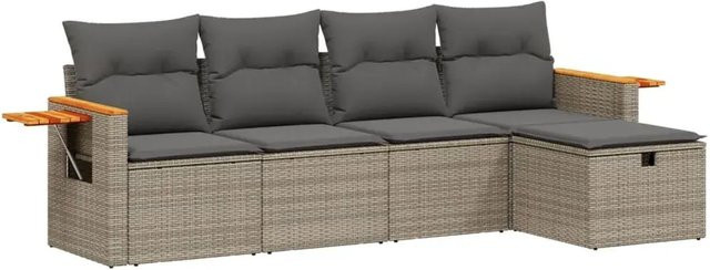 vidaXL 5-tlg. Garten-Sofagarnitur in L-Form aus Poly Rattan und Metall in Grau mit Kissen und Ottoman - Bild 1