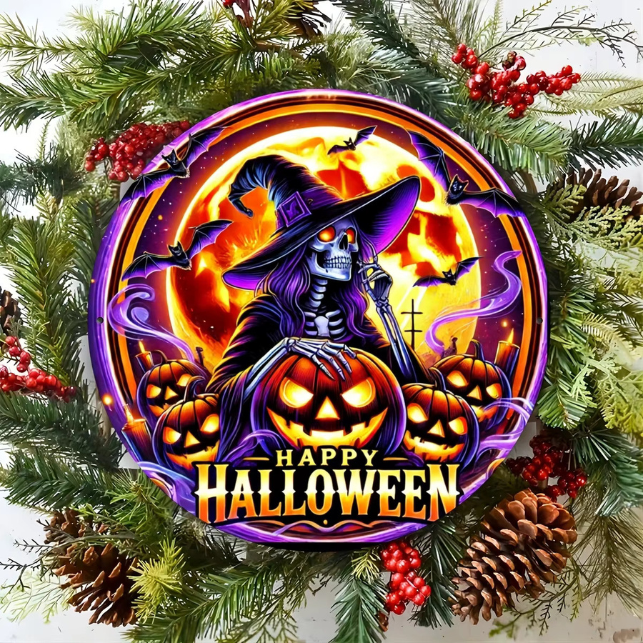 Potdemiel Halloween Gothic Hexe Metallschild Set mit Fledermäusen und Kürbislichtern, rund, Mehrfarbig, Durchmesser: 20 cm - Bild 4