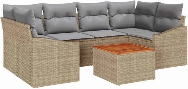 vidaXL Garten-Sofa-Set 7-teilig in Beige und Hellgrau mit L-Form, Polster-Gartenmöbel aus Akazienholz und Metall inklusive Kissen und Couchtisch - Bild 1