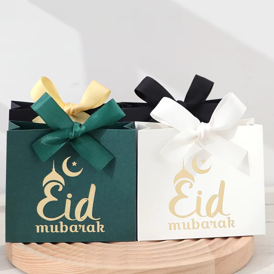 5 exquisite Eid Mubarak Geschenkboxen aus Papier in Schwarz, Weiß und Grün mit Goldbeschriftung und Bändern zur Aufbewahrung von Süßigkeiten und Pralinen - Bild 3