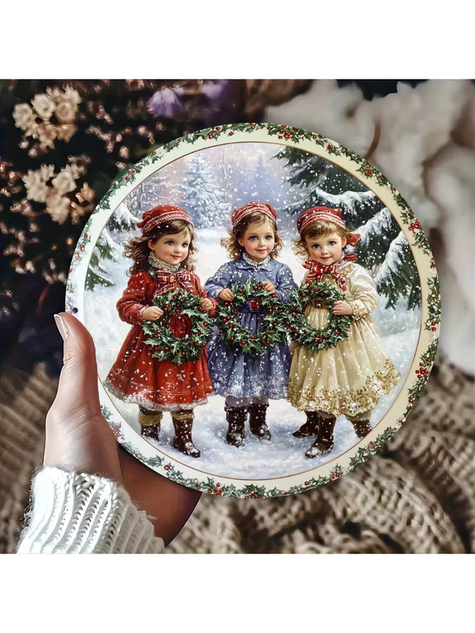 Potdemiel Metallschild Victoria Winter Christmas Scene Rund in Multicolour mit Vintage-Illustration zur Weihnachtsdekoration Durchmesser: 20 cm - Bild 6