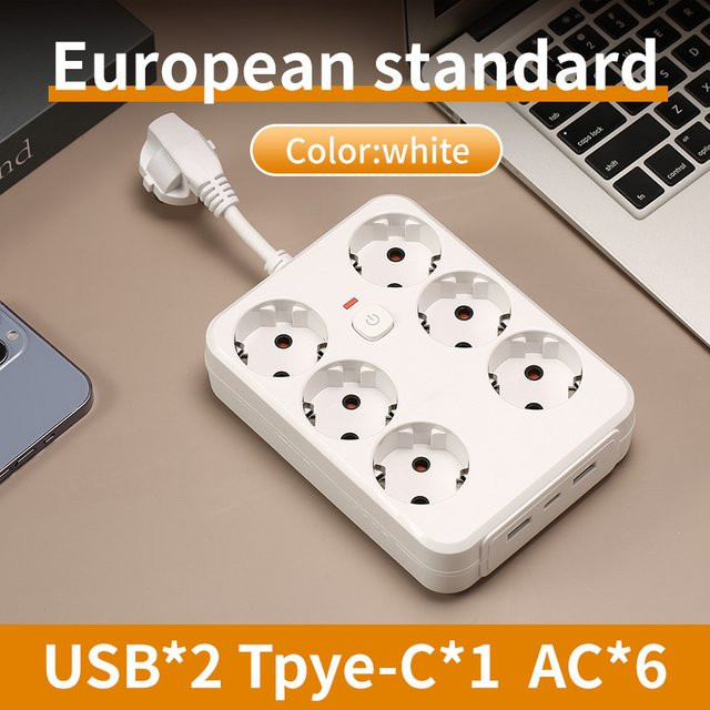 Szaoju Mehrfachsteckdosenleiste in Weiß mit USB-Anschlüssen, Überspannungsschutz, Netzwerkfilter und Einzelschaltern sowie EU-Stecker - Bild 1