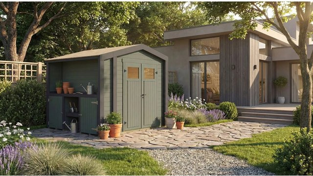 Weka Holz-Gartenhaus Killarney mit Satteldach in Grau-Grün lasiert, B/T/H: 311 x 263 x 241 cm - Bild 1