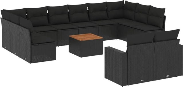 vidaXL 13-tlg. Garten-Sofagarnitur in L-Form aus Polyrattan und Akazienholz mit Kissen in Schwarz - Bild 1