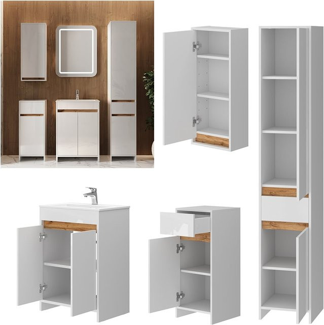 Vicco Badmöbel-Set Lemgo in Weiß Hochglanz und Eiche, 5-teiliges Badezimmer-Set mit 60 cm Breite - Bild 1