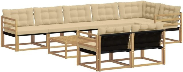 vidaXL Outdoor-Sofagarnitur aus Akazienholz mit Textilene-Bezug in Weiß und Beige, 9-teiliges L-Shape Set, B/T/H: 79 x 79 x 37 cm - Bild 1