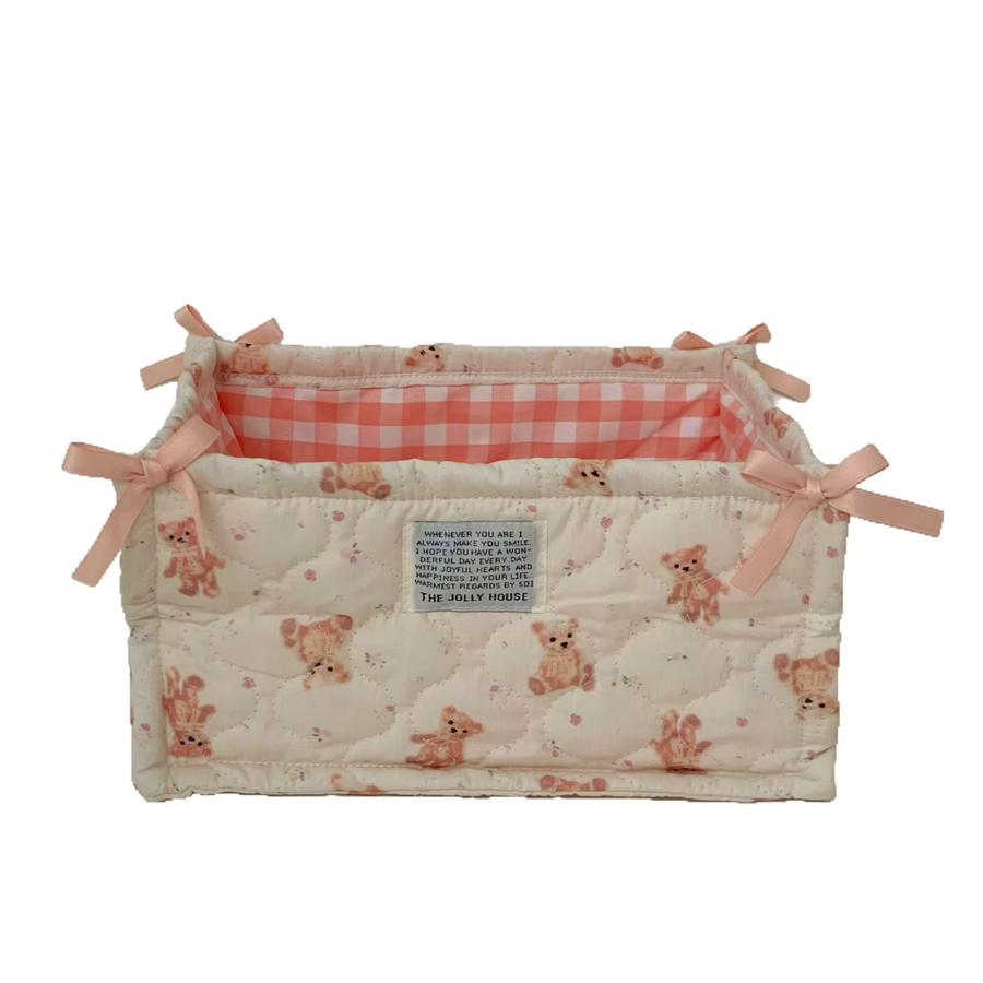 Gesteppter Aufbewahrungskorb aus Baumwolle in Blau und Multicolour mit Blumen- und Karomuster sowie Schleifen als Schreibtisch-Organizer für Kosmetik und Kleinigkeiten - Bild 2