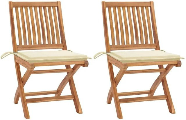 vidaXL Gartenstühle Set aus 2 Stück aus Teakholz mit cremeweißen Kissen - Bild 1