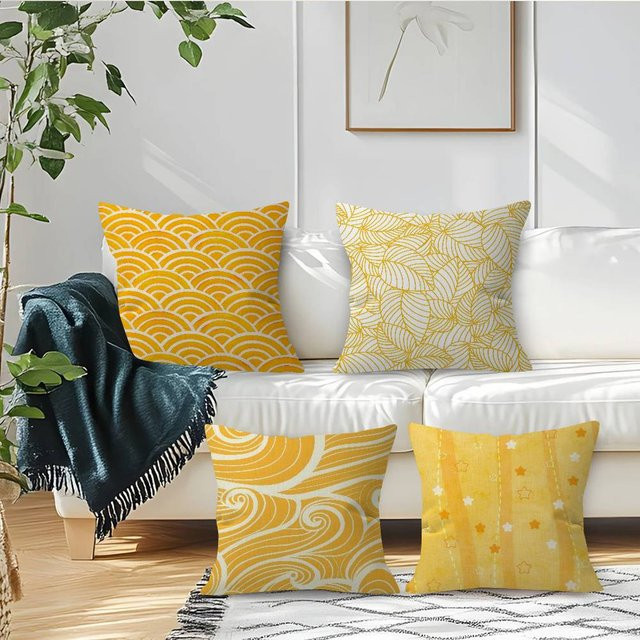 KAYOU Kissenbezug mit goldenem Blatt-Wellenmuster in Gold und Gelb, B/B: 45 x 45 cm - Bild 1