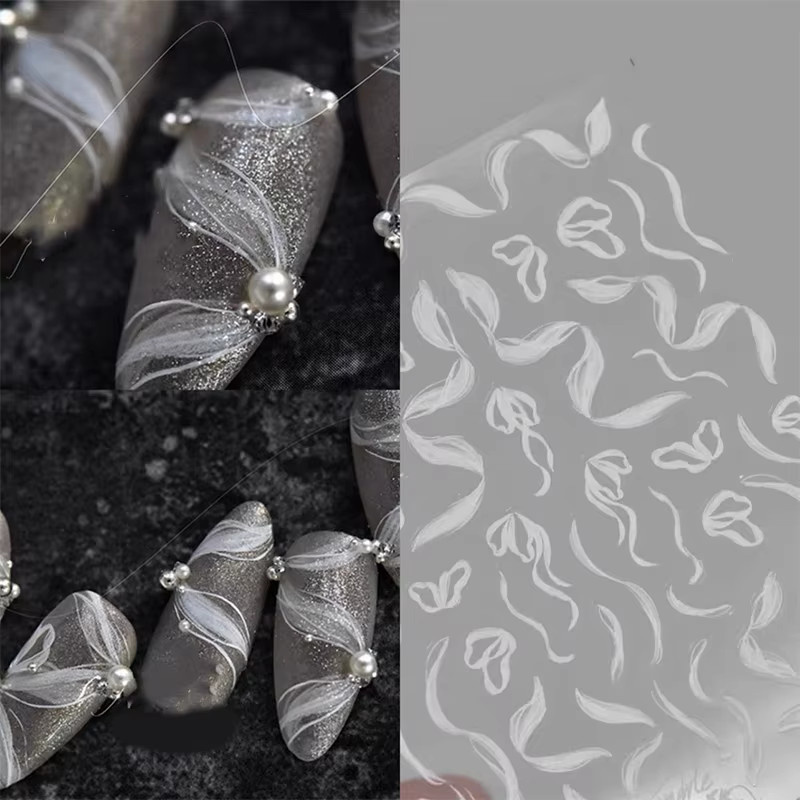 KuZHEN Nagelkunst-Aufkleber, weißes Spitzenband mit Perlen, schimmernd - Bild 1