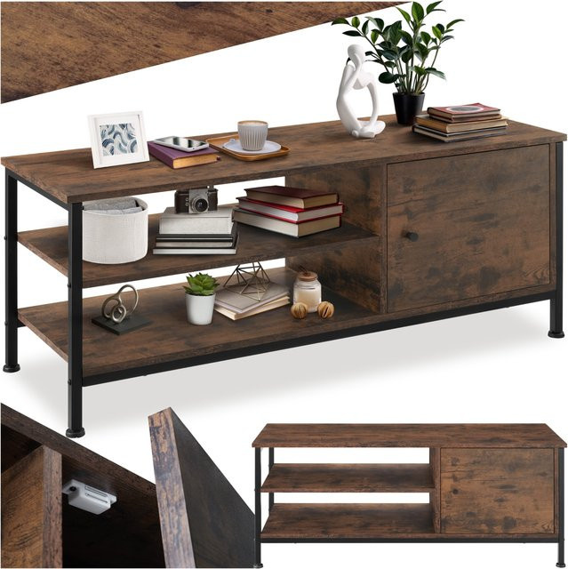 tectake TV-Regal Durban Industrial Style in Schwarz und Braun mit 2 offenen Fächern und Staufach mit Magnettür, B/T/H: 110 x 40 x 45,5 cm - Bild 1