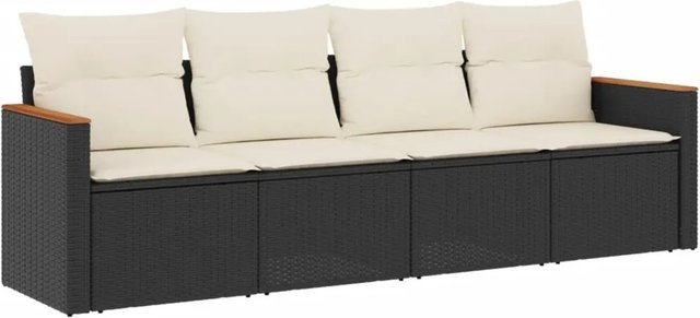 vidaXL 4-tlg Garten-Sofagarnitur in L-Form aus Poly-Rattan und Akazienholz in Schwarz-Creme mit Sitzkissen und Stauraum - Bild 1