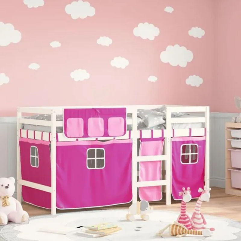 Vidaxl Kinderhochbett aus Massivholz Kiefer mit Vorhängen in Rosa und Weiß, B/T/H: 190 x 90 x 113,5 cm - Bild 1