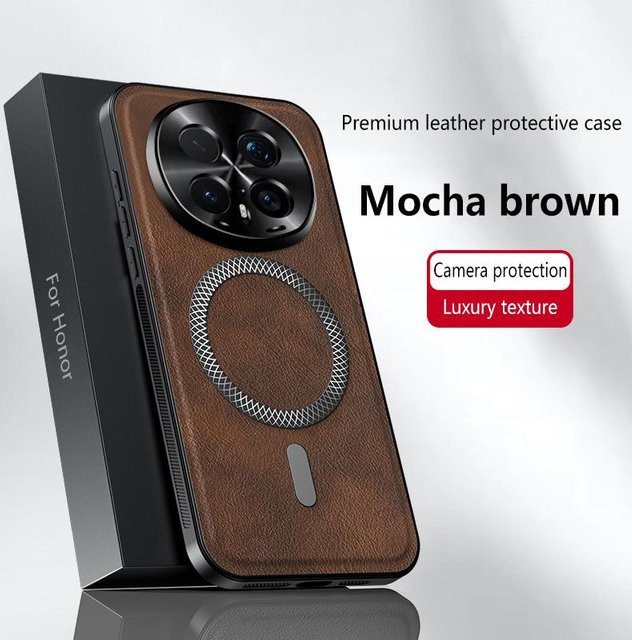 Honor Magic 8 und Magic 8 Pro Leder Handyhülle mit Magnetverschluss, wasserdicht und stoßfest, braun - Bild 1