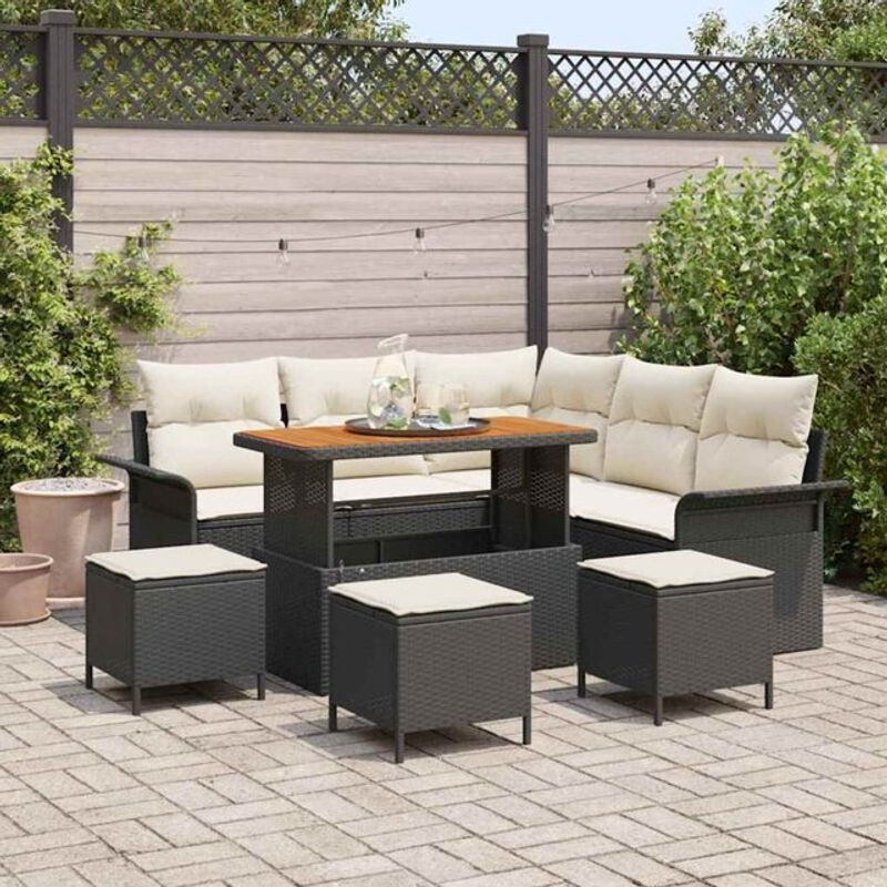 Vidaxl Garten-Sofa-Set aus Polyrattan und Akazie, 8-teilige Loungemöbel in Schwarz und Creme, B/T/H: 110 x 55 x 71 cm - Bild 1
