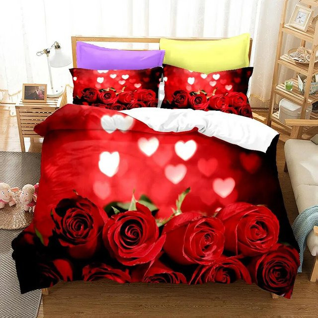 Bettwäsche-Set Your Warm Home mit rotem 3D-Rosenmuster aus Polyester, bestehend aus Bettbezug und 2 Kissenbezügen, Farbe: Rot - Bild 1