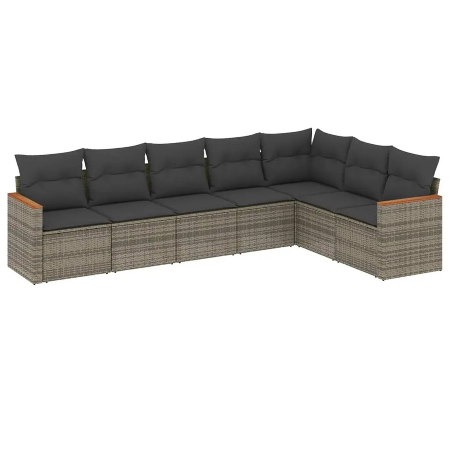 vidaXL 7-tlg Garten-Sofagarnitur in L-Form aus Polyrattan und Akazienholz in Grau mit Kissen und Stauraum - Bild 2