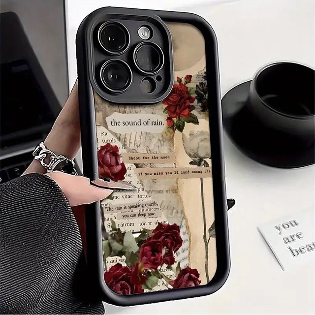 Silikon Handyhülle mit Vintage Rote Blumen Zeitungsdruck für Apple iPhone 11 bis iPhone 17 Pro Max in Rot und Multicolour - Bild 1