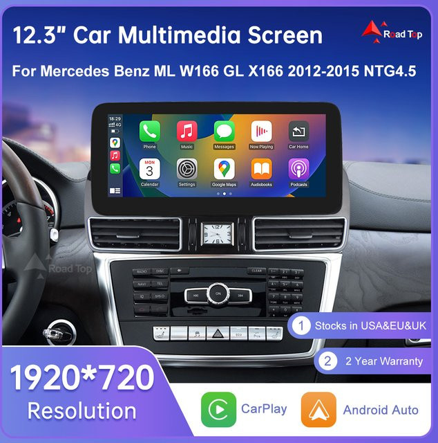 Road Top Linux Touchscreen-Autoradio für Mercedes Benz ML W166 ML350 GL X166 2012–2015 mit 12,3 Zoll Display, GPS, Carplay, Android Auto und Airplay Mirroring in Schwarz - Bild 1
