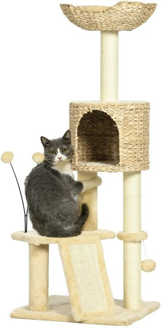 PawHut Kratzbaum Beige mit Katzenhöhle, Hängematte und integriertem Spielzeug, Höhe: 116 cm - Bild 1