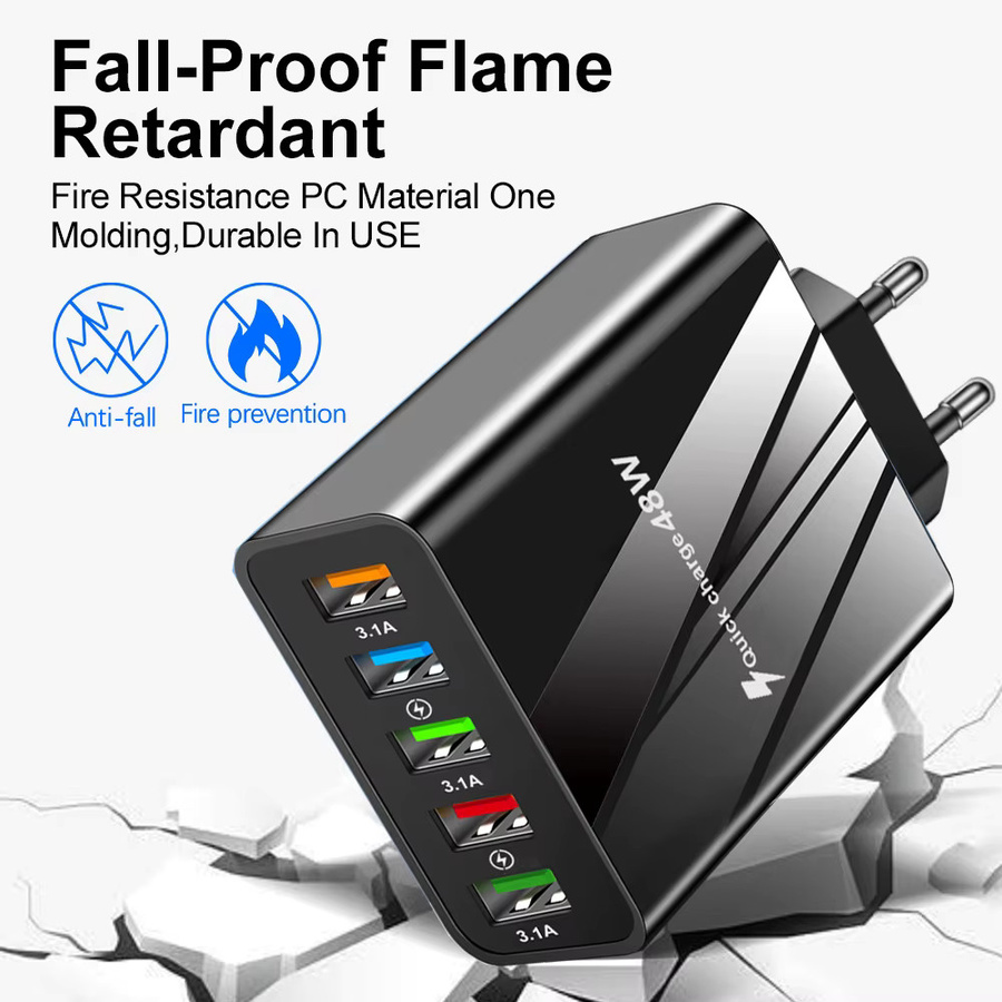 Wocoolsi 48 W USB Schnellladegerät mit QC 3.0 und 5 Ports, Wandladegerät Adapter in Schwarz für iPhone, Samsung und Xiaomi, EU und US Stecker - Bild 2