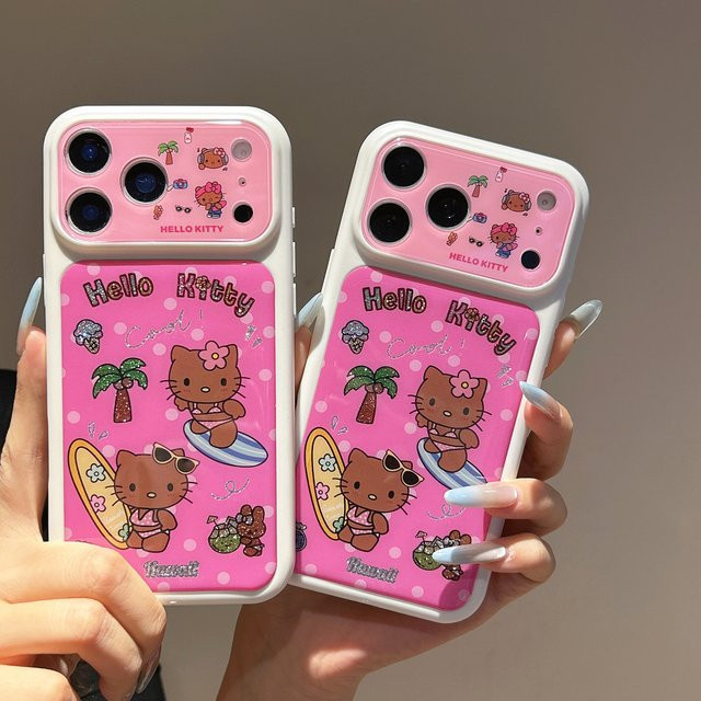 Sanrio Hello Kitty Handyhülle mit Cartoon Sommer Strand Motiv für iPhone 17 Pro 16 15 Pro Max, Stoßfeste Hartschale, Pink - Bild 1